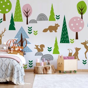 Wall Decal Nursery Kids room wall sticker, Animal families, Woodland themed decal-Cartoon Mountains, Tree, Deer, Fox, bunny, squirrel-DK470