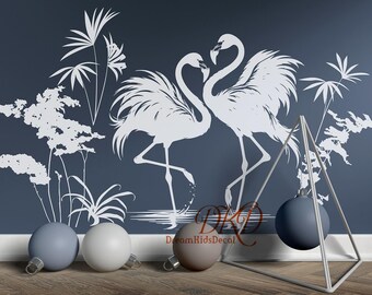Flamingo Birds wall decal, Floral flamingo wall sticker, Nursery Wall Decal, Flamingo with Tropical Tree decals, flamingo wall art-DK556
