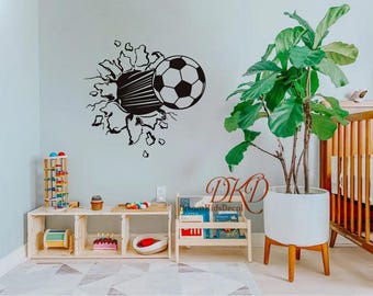 Soccer Ball Busting Out Wall Decal Wall Stickers Football Nursery Wall Art Wall Decoration for Kids Bedroom