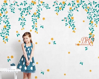 Nursery Wall Decal, Tree branch with flowers and Name, Hanging vines wall decal sticker wedding office, Nature Wall Decal over Kids crib