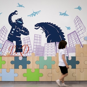 City Wall Decal Abstract Monster City Robot Wall Decal Sticker Army Plane Helicopter Wall Decal Lizard Wall art for Kids room