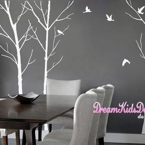 Tree Wall Decal for Nursery, White tree with birds, Vinyl Wall Decal Wall Sticker-set of 3 trees-DK019
