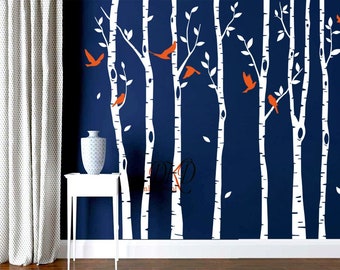 Nursery wall decals, nature wall decals, vinyl wall decal, birch tree wall decal stickers, flying birds, Interior Designs-DK344