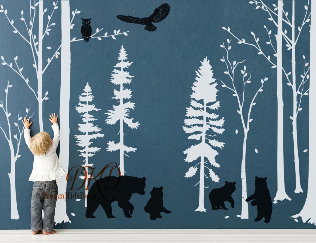 Forest Wall Decal Pine Trees Wall Decal for Baby Nursery, Bear Family ...