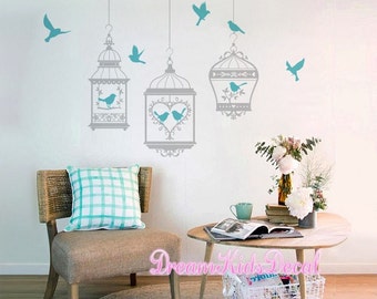 Pretty Birds in 3 Hanging Birdcages Vinyl Wall Decal Stickers Removable Decorative Graphic Transfers Beige, 48x37 inches