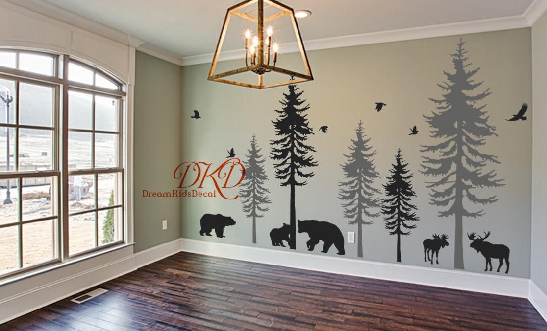 Woodland Pine Tree Wall Stickers Forest Animals Wall Decals 38 Trees Home Decor