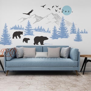 Wall Decal Wall Sticker-Mountain landscape with Bear family, Pine tree wall art for Nursery image 6