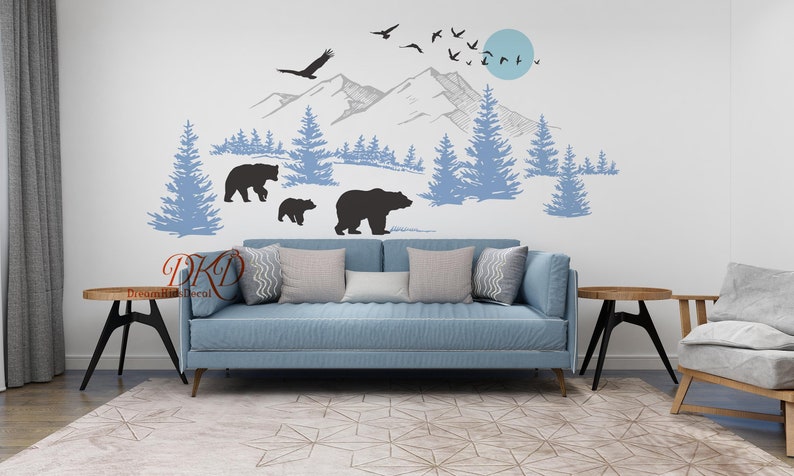 Wall Decal Wall Sticker-Mountain landscape with Bear family, Pine tree wall art for Nursery image 6