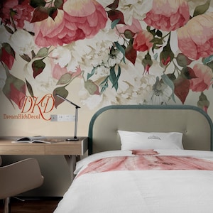 Watercolor Wall Mural, Self Adhesive Wallpaper, Removable Floral Wallpaper, Texture wallpaper, Beige and Red Wall Decor, Wall Sticker