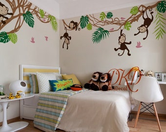 Nursery wall decals, Wall Stickers, Jungle Tree Wall Decals for kids, Tropical Leaves Nursery Wall Art, Jump Monkey, bird Wall Decal