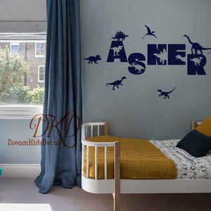 Dinosaur Wall Decals Name Custom Name Vinyl Decal for Kids Room, Dinosaur Themed Nursery Room Wall Decor, Children&#39;s Dino Bedroom Decor