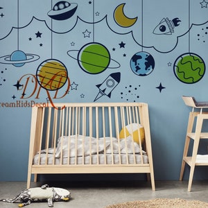 May include: A nursery wall decal featuring a space-themed mobile with planets, stars, a rocket, and a UFO. The decal is displayed on a blue wall with a cot and a changing table.
