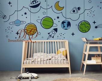 May include: A nursery wall decal featuring a space-themed mobile with planets, stars, a rocket, and a UFO. The decal is displayed on a blue wall with a crib and a changing table.