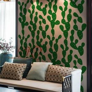 Cactus pattern wall decal, Wallpaper effect wall sticker set, Green succulents wall decor, Removable Wall Decal Sticker