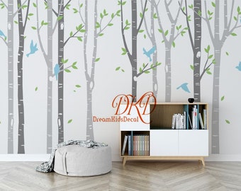 Nursery Wall Decals, Set Tree Wall Sticker, Living room Wall Decor, Home wall art-Birch forest with birds-DK071