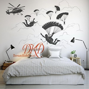Military Wall Decal Boys room Army Helicopter Clouds Decal Nursery wall decal-Bucket of Soldiers Paratroopers Wall Decal for kids Wall Art