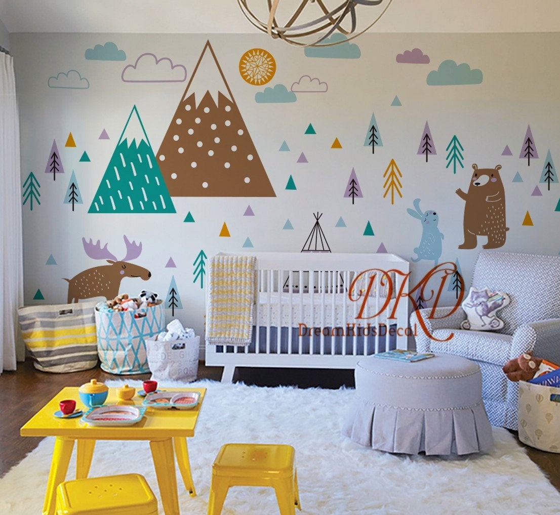 Woodland Giant Tree Wall Decals with Rabbit Bird Art Sticker Decals Kids Room Nursery Decor Home 
