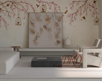 Cherry Blossoms Wall Decal, Nursery Wall Decal, Flower wall decals living room, tree with birds wall sticker, birdcage lantern wall art