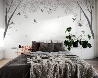 Branch Tree wall decal with flying birds vinyl wall decal nursery tree decal, birds, birdcage for Living room Nursery Wall Decor-DK386