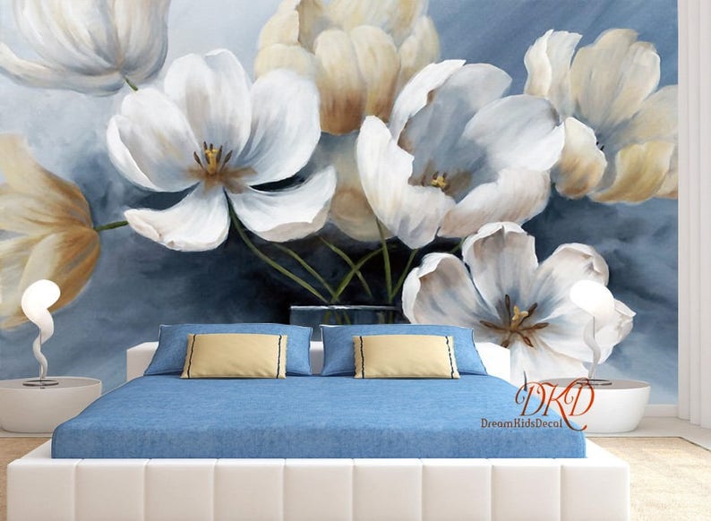 Large Flower Wall Murals Wallpaper White Flower on Blue Etsy
