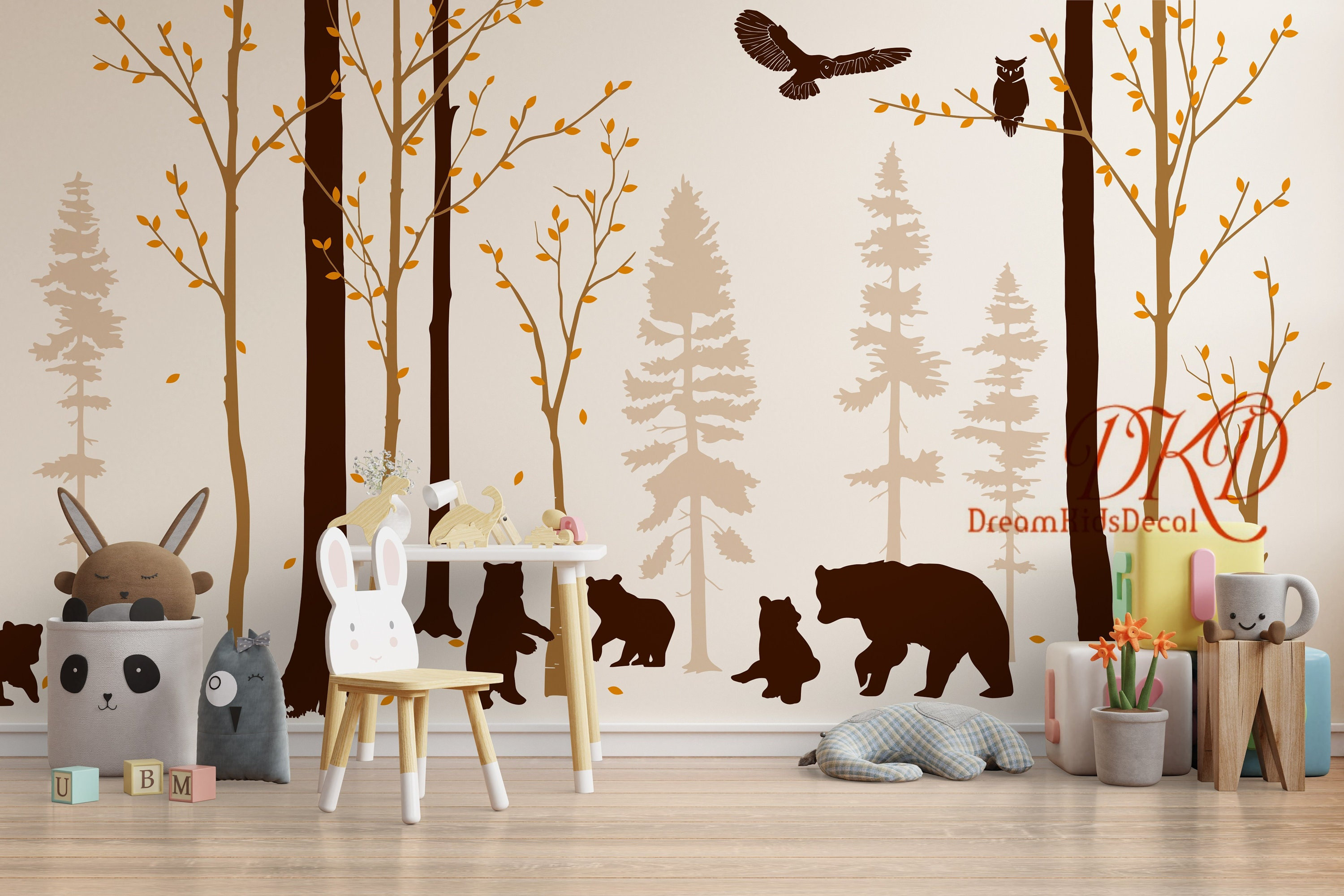 Forest Wall Decal Pine Trees Wall Decal for Baby Nursery, Bear Family ...