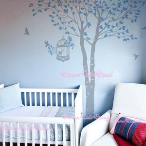 Tree wall decal baby girl Nature Tree Wall Mural Nursery wall decal children- nature decal birdcage flying birds-DK062