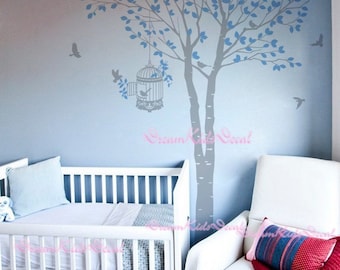 Tree wall decal baby girl Nature Tree Wall Mural Nursery wall decal children- nature decal birdcage flying birds-DK062