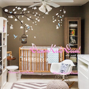 cherry blossom wall decal birds decals flower vinyl wall decals wall mural nursery wall decal-Cherry Blossom Branch Birdcage Birds-DK064