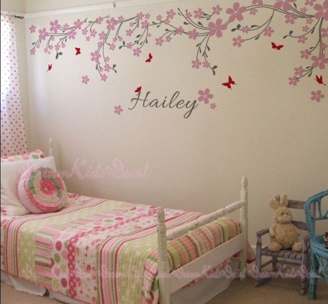 Nursery Wall Decal Baby Girl and Name Wall Decals Cherry Blosssoms Wall ...