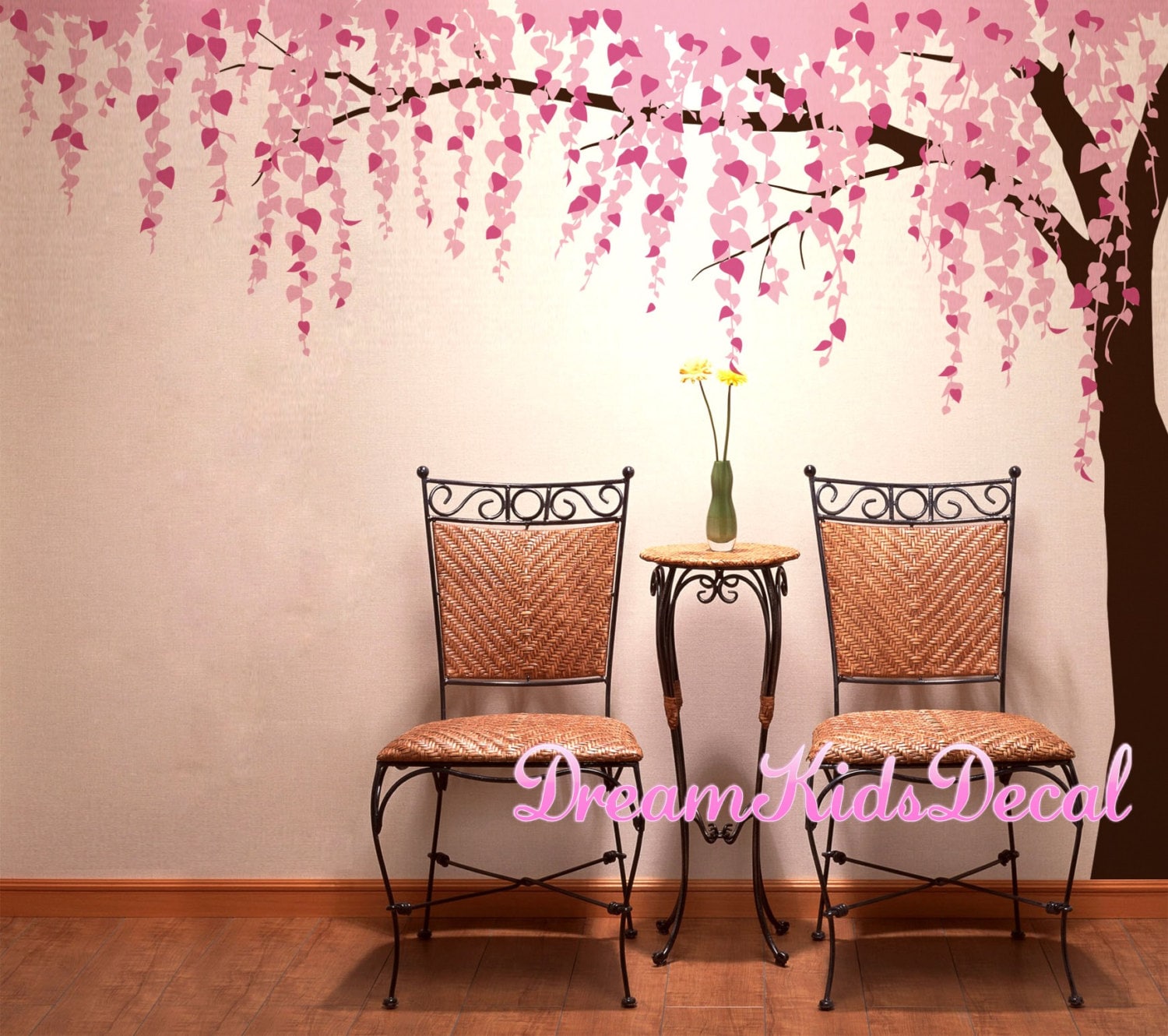 LVIN Pink Cherry Flower Blossom Floral Decal Wall Stickers For