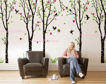 Nursery wall decal baby wall decal children wall decal vinyl decal-5 Birch Tree with birds Flower -DK015