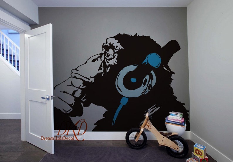 Banksy Monkey with Headphones Wall Art Banksy Chimp Head Etsy