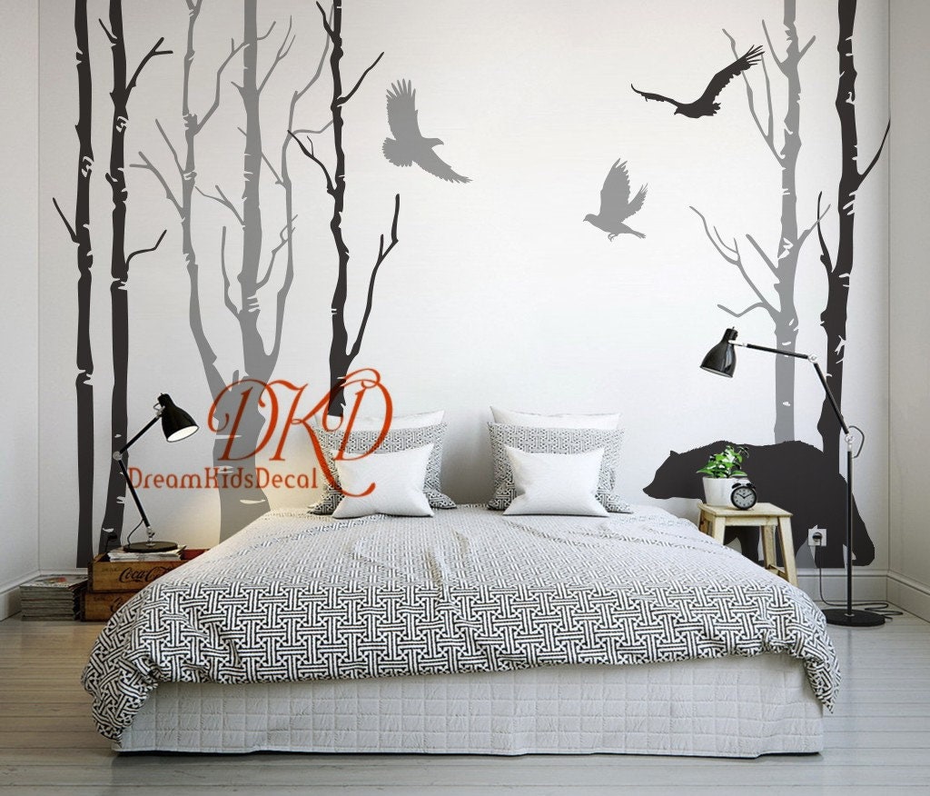 Birch trees decals, bear wall decals, nature wall decals, vinyl wall decal for kids room large tree, living room nursery wall stickers-DK475