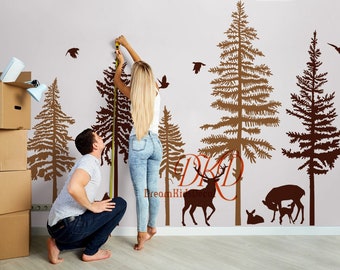 Pine Tree Forest Wall Decals Wall Stickers-5 Pine trees with Deer Nursery Wall Decal, birds, Deer family Wall Art Home Decor
