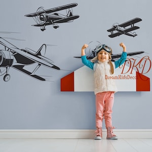 Airplane wall decal, Biplane Decal Sticker, Boys Room Wall Decal Airplane Decor, Airplane Decal Sticker Kids Room Decor-DK469
