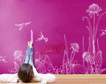 Spring Flower with Hummingbirds -Birds Decal, Nursery wall decals,  children baby room wall decals wall sticker Home Decor-DK122