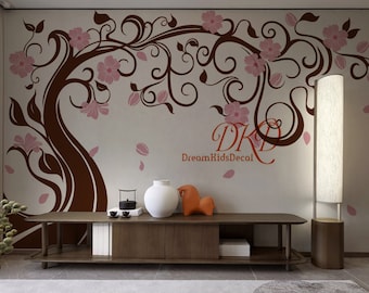 Flower Tree Wall decal Nursery wall decal, Family Tree Wall for Photos Hand Painted Mural effect Sticker Living room hallway Wall decor