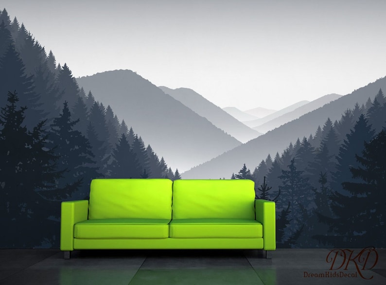 Mountain Wall Mural Grey Misty Mountain Landscape Wallpaper Etsy