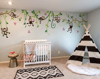 Jungle Decals, Jungle Monkey Wall Decals, Swinging Monkey, Nursery Wall Decal, Hanging Monkey, Baby boy Tree Wall Decal Wall Sticker-DK360