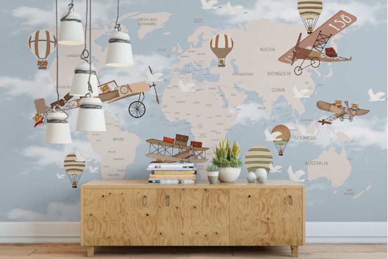 play room idea Airplane Helicopter Hand painted Map wall mural World map Wallpaper Mural with hot air balloon Baby room Nursery Decor