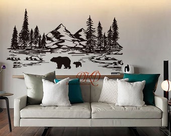 Nursery Wall Decal Mountain landscape with bear Pine Tree with bear, Home Decor, Office, Nursery Interior Decoration-DK009