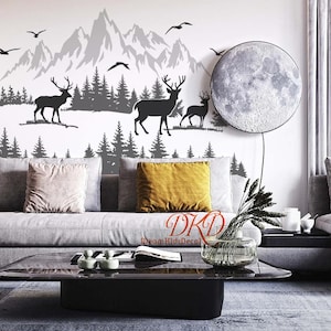 Mountains Wall Decals Nursery Wall Decor Kids Room Sticker Pine Tree Wall Decal, Mountains, Deer, Birds Wall Art-DK420