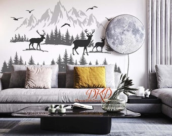 Stickers muraux montagnes, décoration murale pour chambre d'enfants, sticker mural pour chambre d'enfants, montagnes, cerfs, oiseaux, art mural-DK420