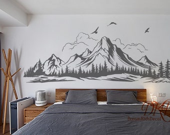Mountains Wall Decal Bedroom, Nursery Wall Decor Mountains and Pine Tree Wall Decal, Mountain edge with birds Clouds Mountain Wall Art-DK527