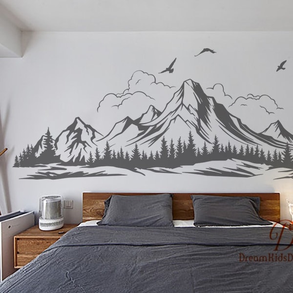 Mountains Wall Decal Bedroom, Nursery Wall Decor Mountains and Pine Tree Wall Decal, Mountain edge with birds Clouds Mountain Wall Art-DK527