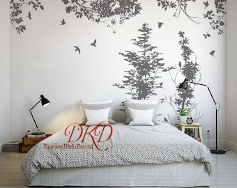 Tree Wall Decal, Hanging Vines, Birds, Nature Design