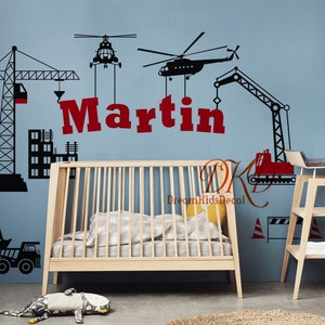 Crane Construction Vehicle Plane Wall Decal Sticker Set, Dum trucks with Personalized Name Wall Decal, Excavator sticker, Nursery Wall decor