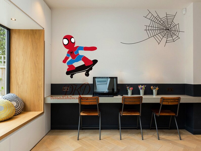 Spiderman Wall Decals Spider Man Sticker On A Skate Board Shooting Web Personalized Kids Room Decor Dk397