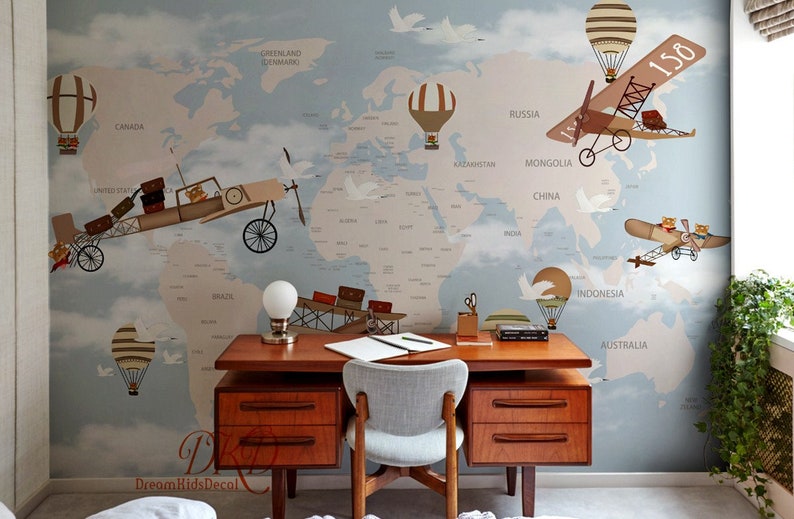 play room idea Airplane Helicopter Hand painted Map wall mural World map Wallpaper Mural with hot air balloon Baby room Nursery Decor