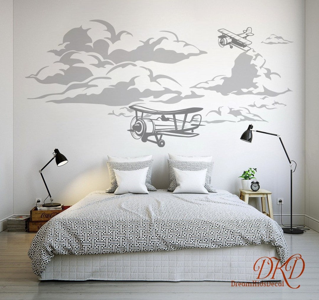 Airplane Decal, Biplane Decal, Cloud Decal, Boys Nursery Wall Decal ...